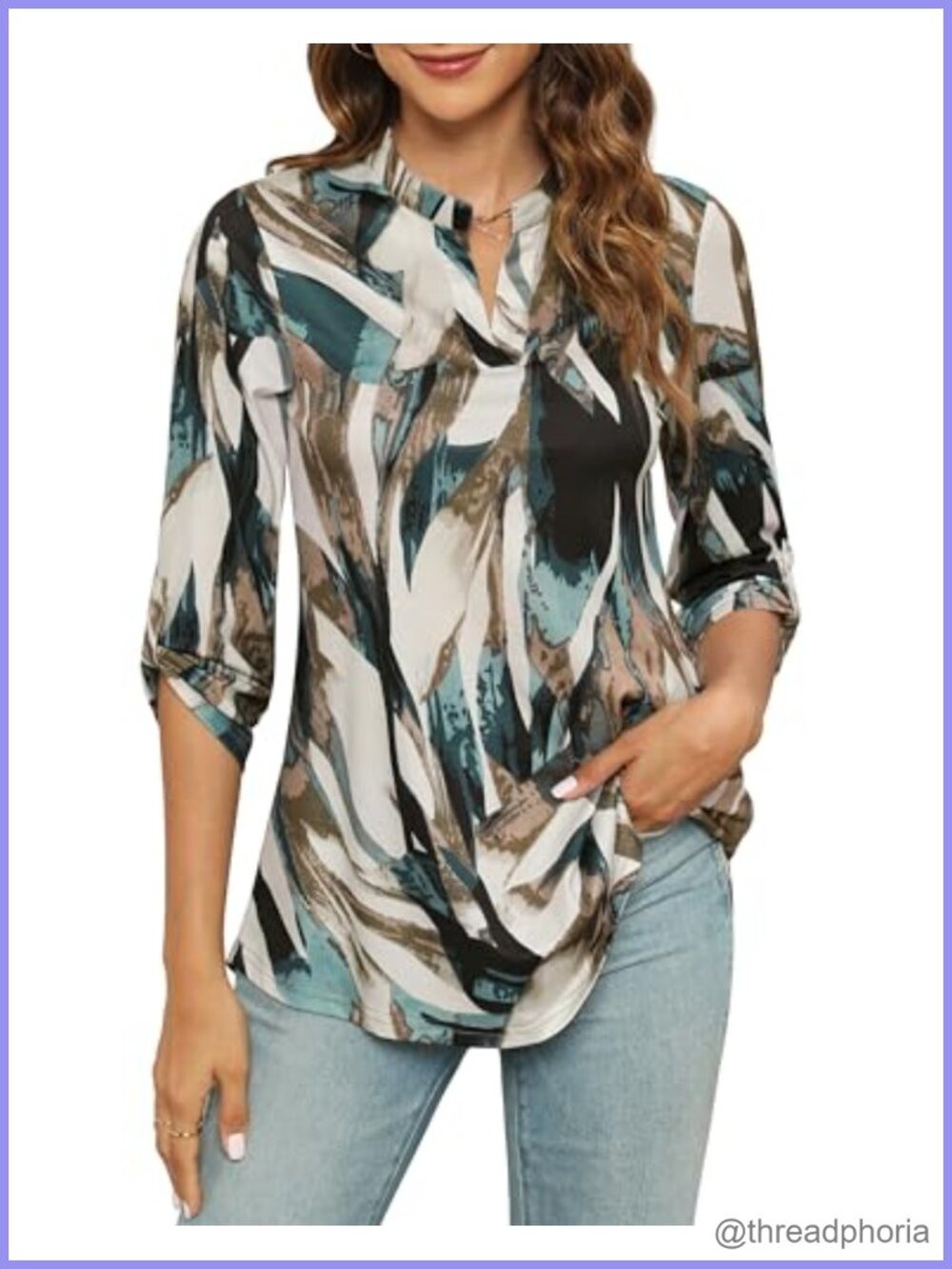 Floral Tunic Top 3/4 Roll Tab Sleeve V-Neck Notch Collar High Low Hem